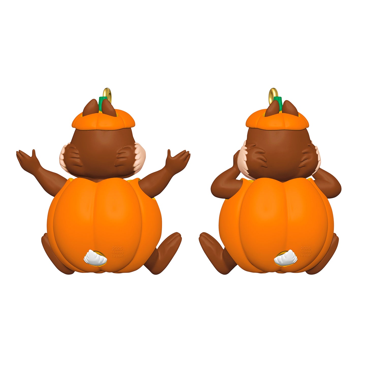 Hallmark Keepsake Halloween Ornaments (Disney Chip 'N Dale Double Trouble), Set of 2, featuring Chip and Dale in pumpkin costumes, back view.