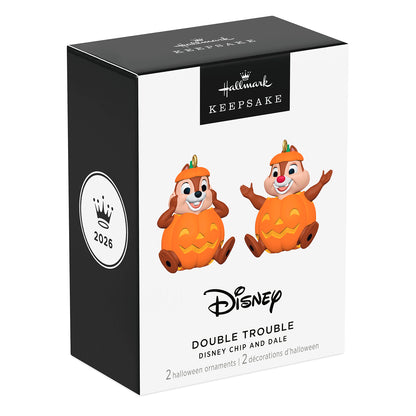 Hallmark Keepsake Halloween Ornaments (Disney Chip 'N Dale Double Trouble), Set of 2 in a decorative box featuring vibrant pumpkin designs.