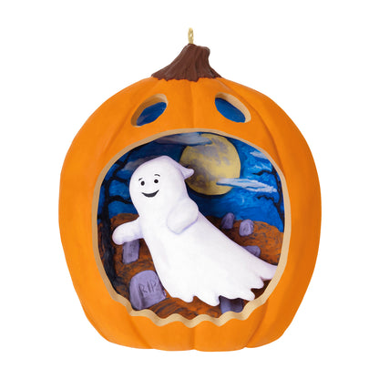 Happy Halloween! — 2026 Hallmark Keepsake Halloween Ornament featuring a smiling ghost inside a jack-o'-lantern diorama.