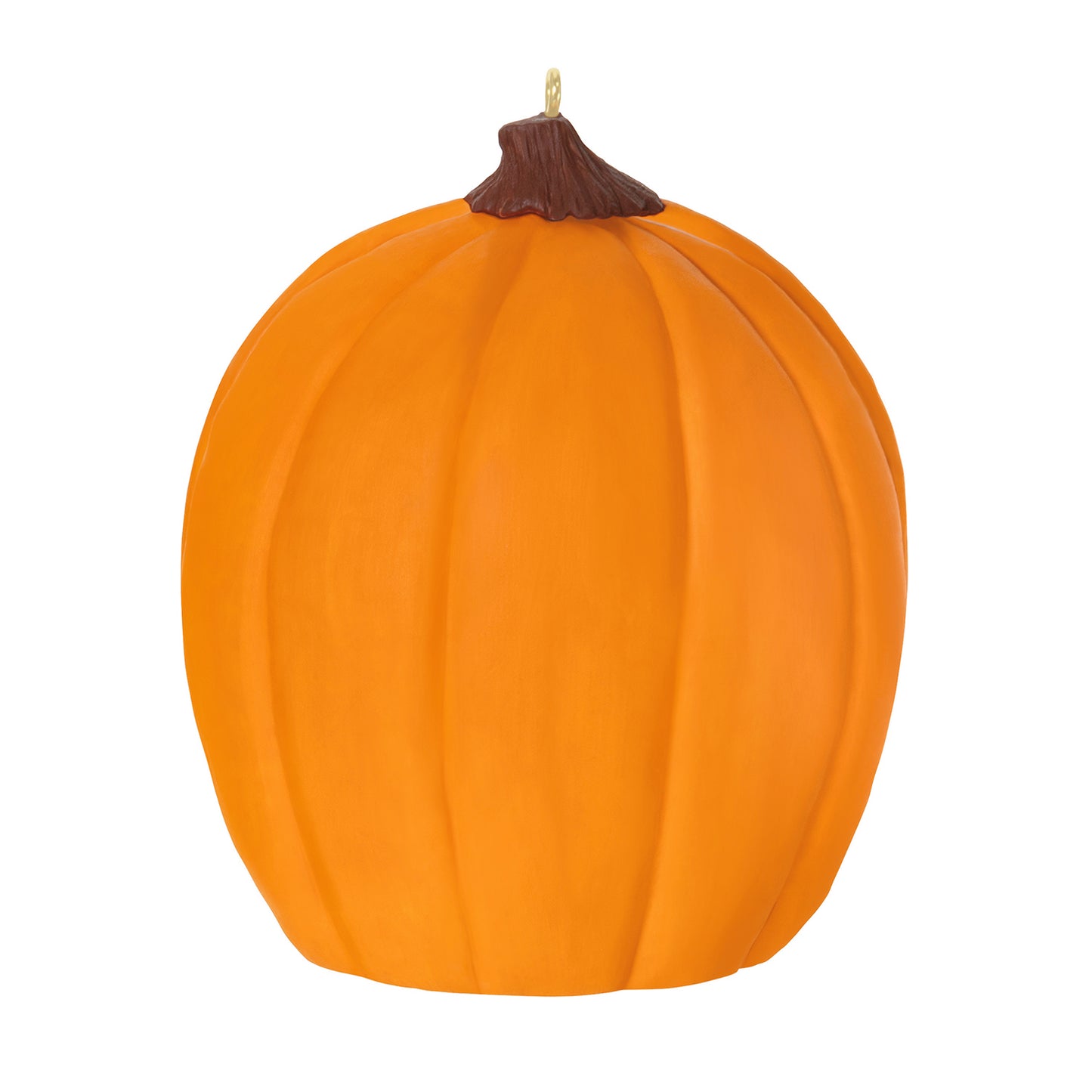 Happy Halloween! — 2026 Hallmark Keepsake Halloween Ornament, orange jack-o'-lantern design with a brown stem, flat view.