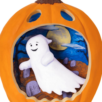Happy Halloween! — 2026 Hallmark Keepsake Halloween Ornament featuring a smiling ghost in a pumpkin diorama with a full moon.