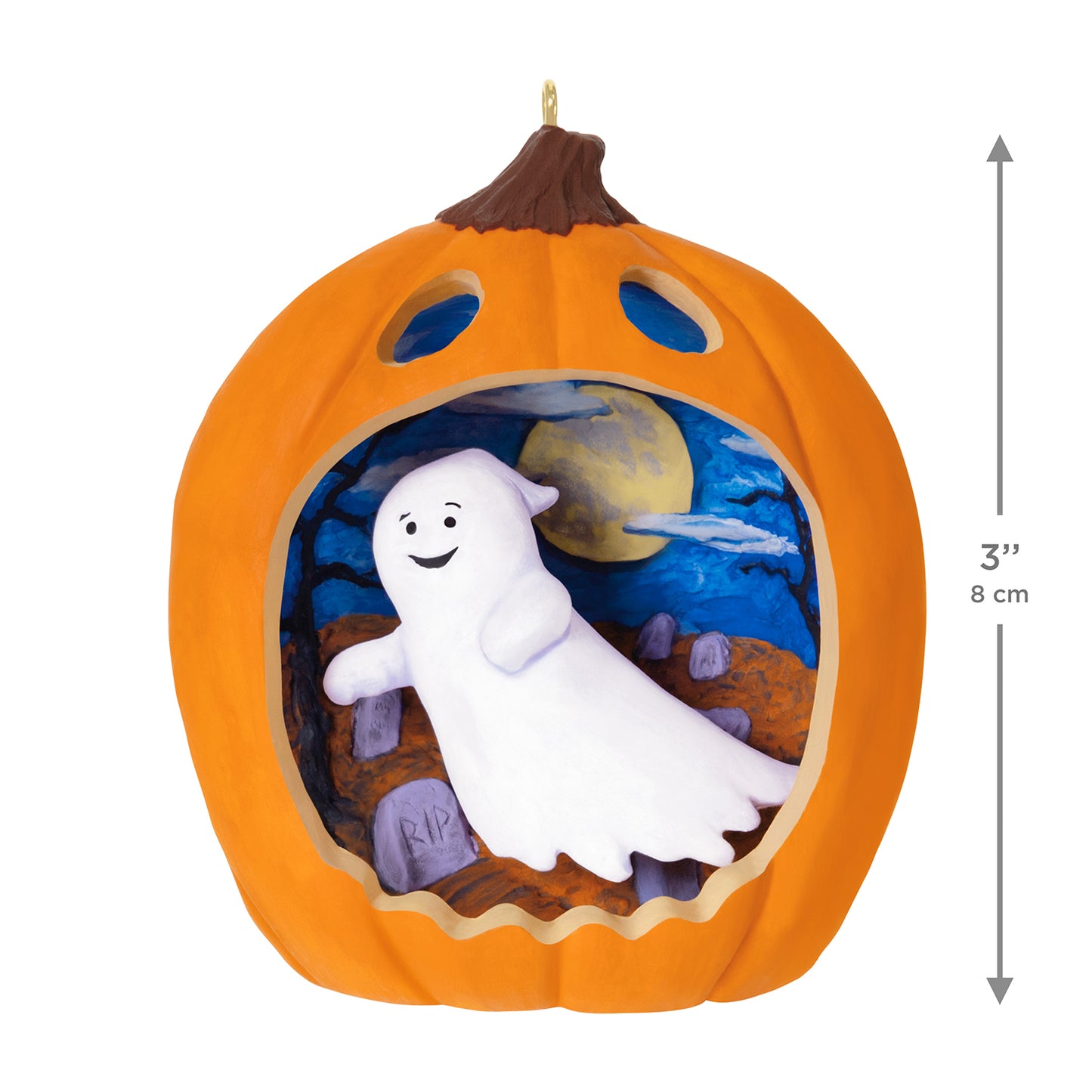 Happy Halloween! — 2026 Hallmark Keepsake Halloween Ornament featuring a smiling ghost inside a jack-o'-lantern diorama, 8 cm tall.
