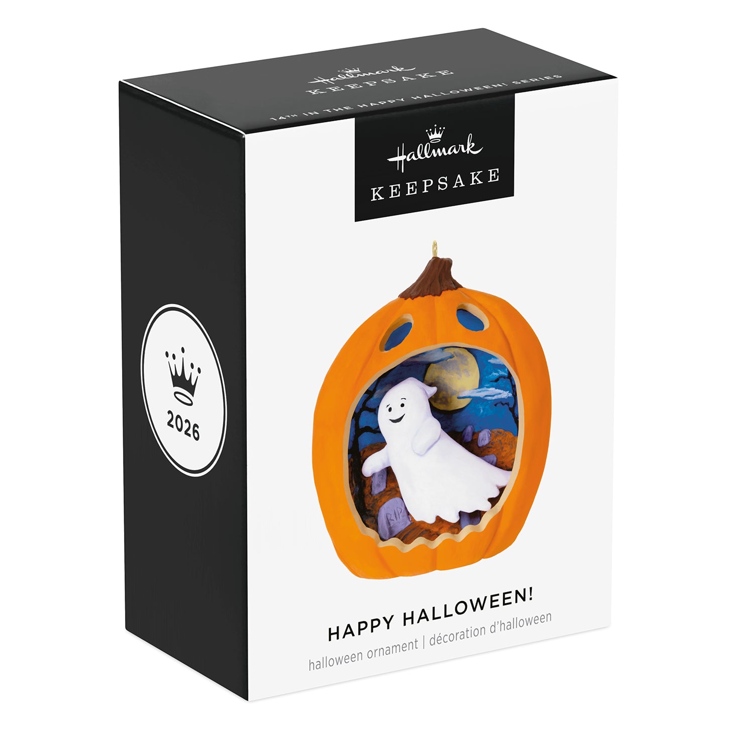 Happy Halloween! — 2026 Hallmark Keepsake Halloween Ornament gift box featuring an orange jack-o'-lantern design and a ghost.
