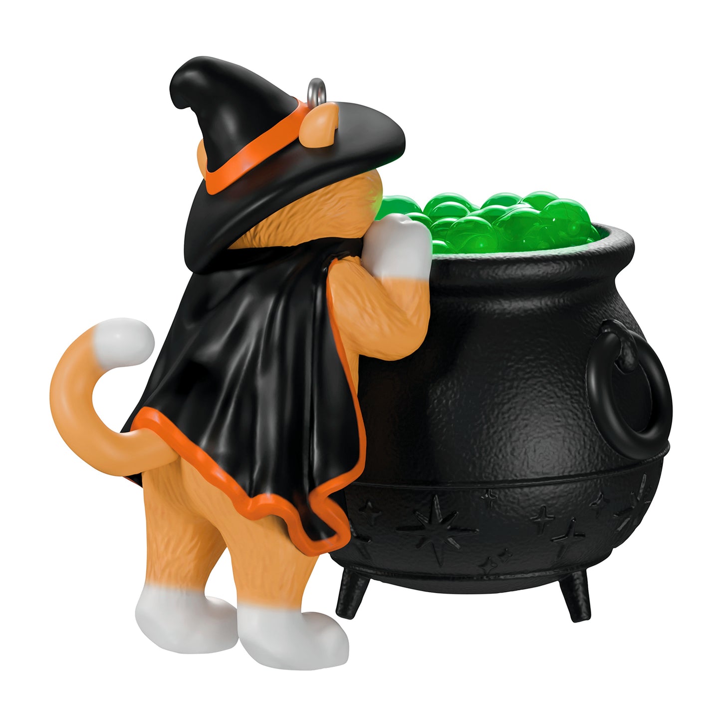 Mischievous Kittens Orange Cat Energy Special Edition — 2026 Hallmark Keepsake Halloween Ornament in witch hat and cape peering into cauldron