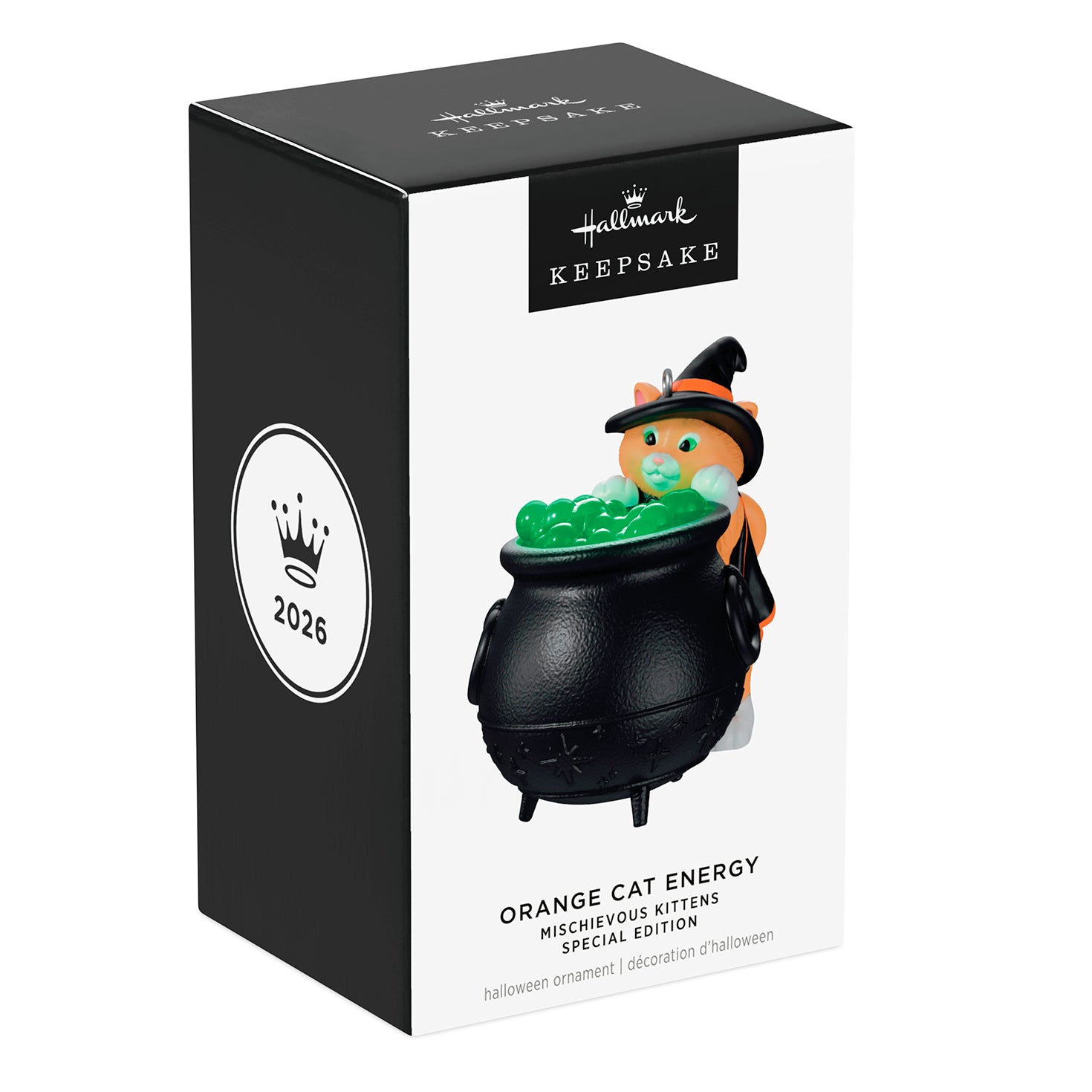 Mischievous Kittens Orange Cat Energy Special Edition — 2026 Hallmark Keepsake Halloween Ornament in gift box featuring a curious orange cat and cauldron