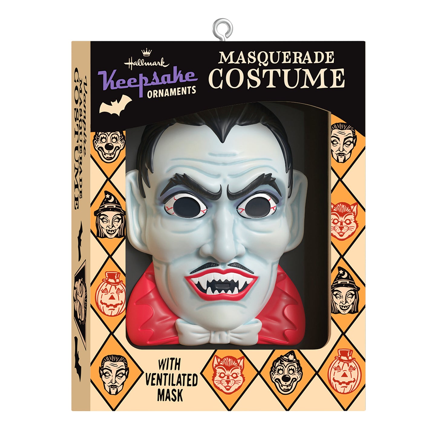 Nifty Fifties Masquerade Costume — 2026 Hallmark Keepsake Halloween Ornament in retro packaging, featuring a vampire mask with a bow tie.