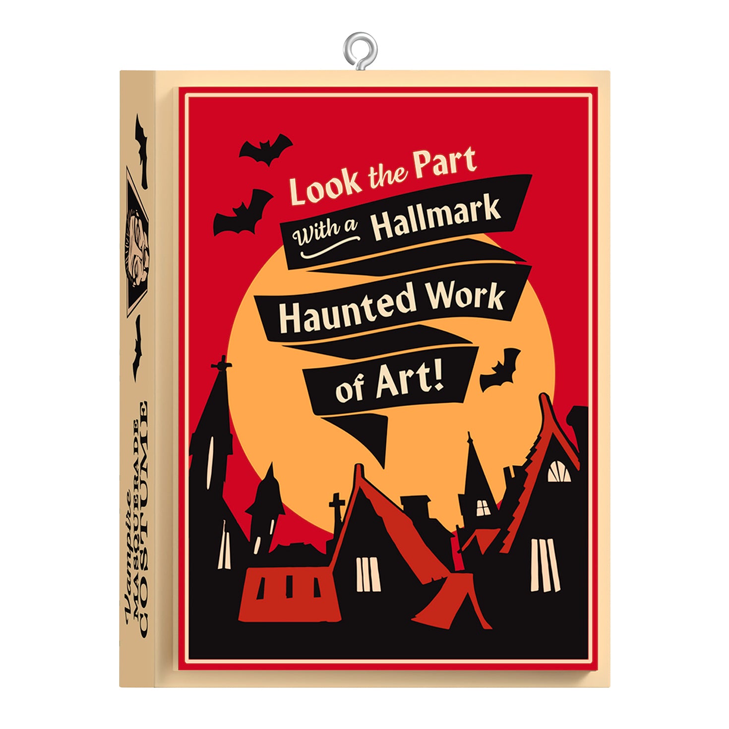 Nifty Fifties Masquerade Costume — 2026 Hallmark Keepsake Halloween Ornament in retro packaging with bats and a spooky backdrop.