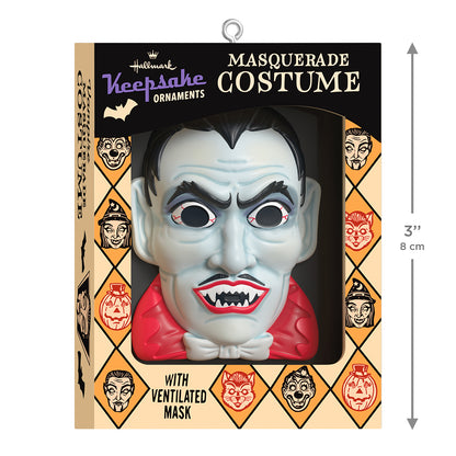 Nifty Fifties Masquerade Costume — 2026 Hallmark Keepsake Halloween Ornament in retro packaging with vampire mask design, 8 cm