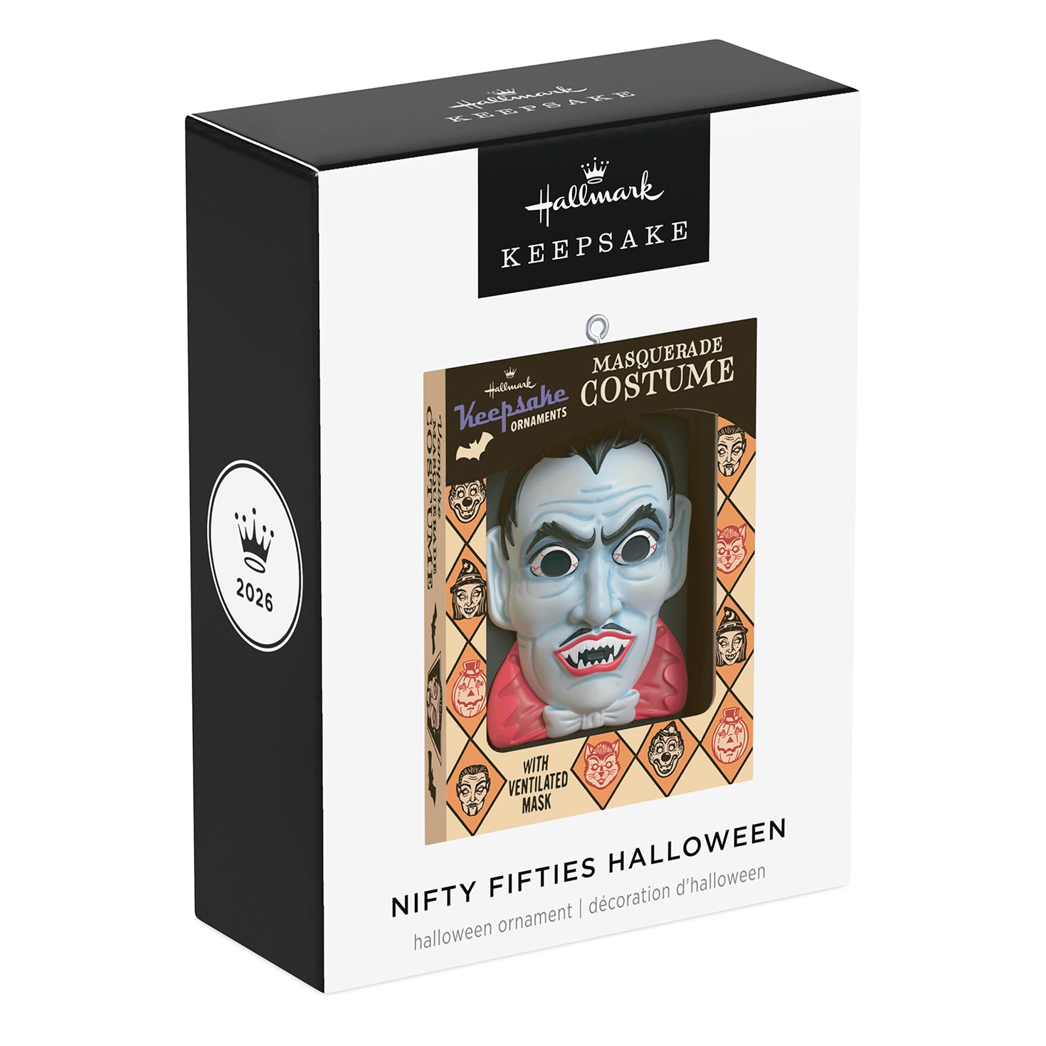 Nifty Fifties Masquerade Costume — 2026 Hallmark Keepsake Halloween Ornament in retro packaging with vampire mask design.