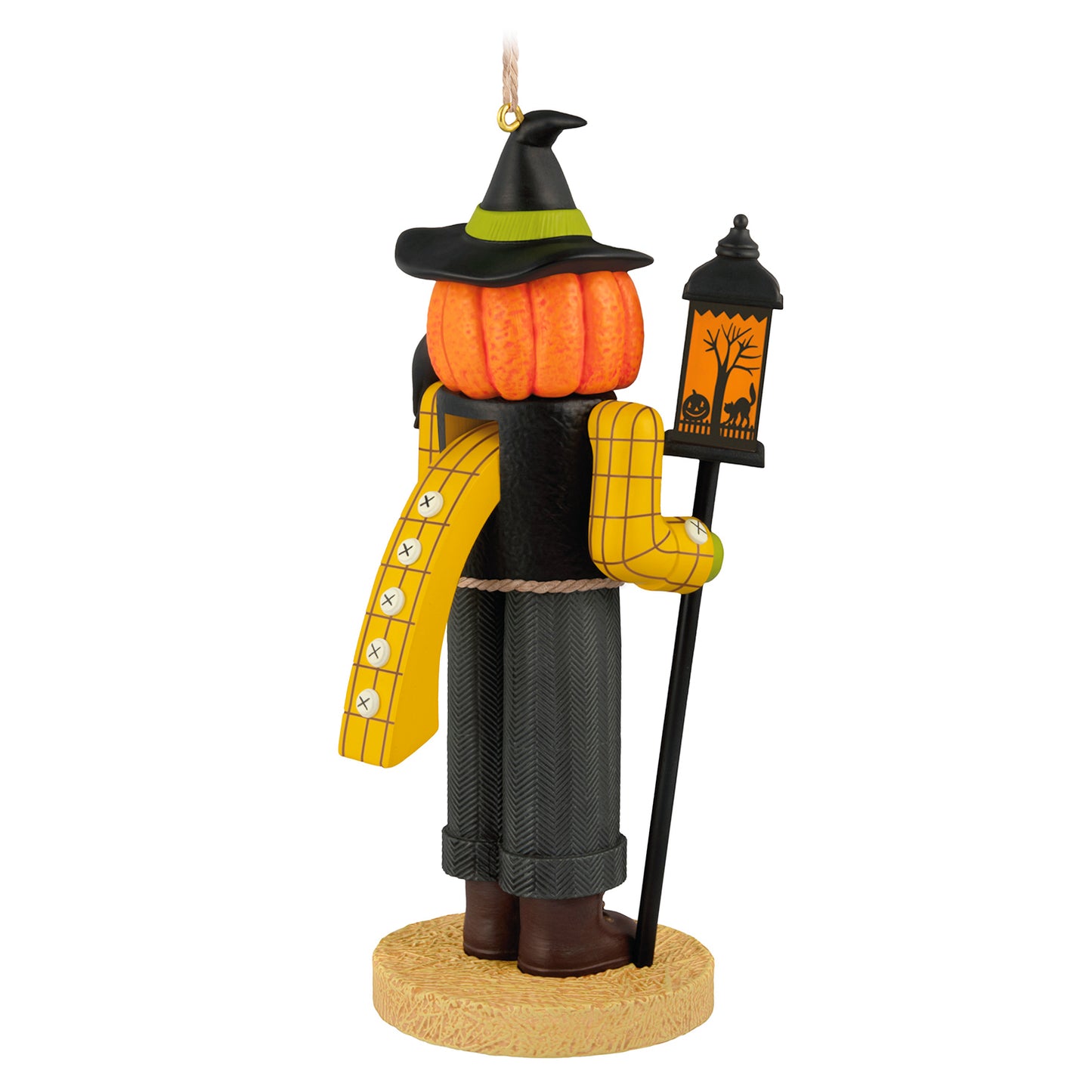 Halloween Noble Nutcracker Sir Gourdon Fields — 2026 Hallmark Keepsake Halloween Ornament, back view showing scarecrow's details and lantern.