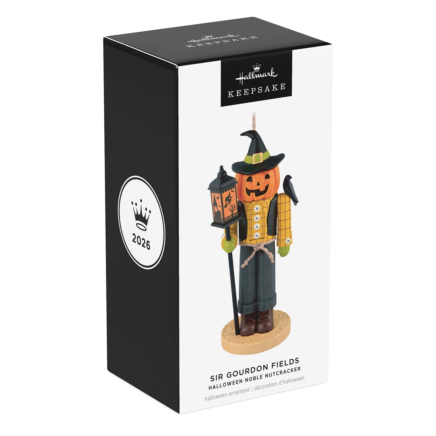 Halloween Noble Nutcracker Sir Gourdon Fields — 2026 Hallmark Keepsake Halloween Ornament in packaging, showcasing scarecrow design and lantern.