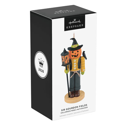 Halloween Noble Nutcracker Sir Gourdon Fields — 2026 Hallmark Keepsake Halloween Ornament in packaging, showcasing scarecrow design and lantern.