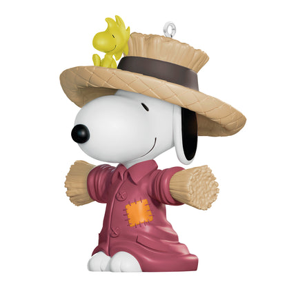 The Peanuts Gang Scarecrow Snoopy — 2026 Hallmark Keepsake 1.25" Mini Halloween Ornament with straw hat and arms in a fun pose.