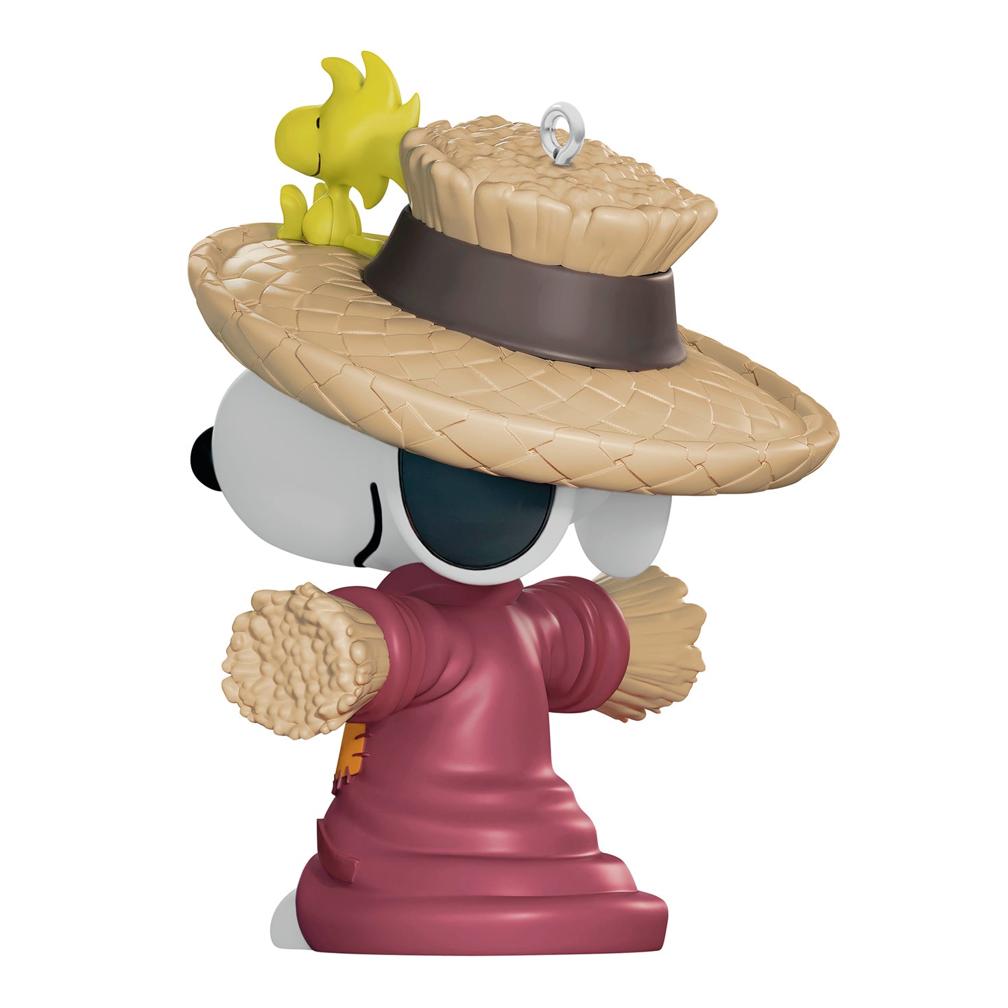 The Peanuts Gang Scarecrow Snoopy — 2026 Hallmark Keepsake 1.25" Mini Halloween Ornament, side view showing straw hat and straw arms.