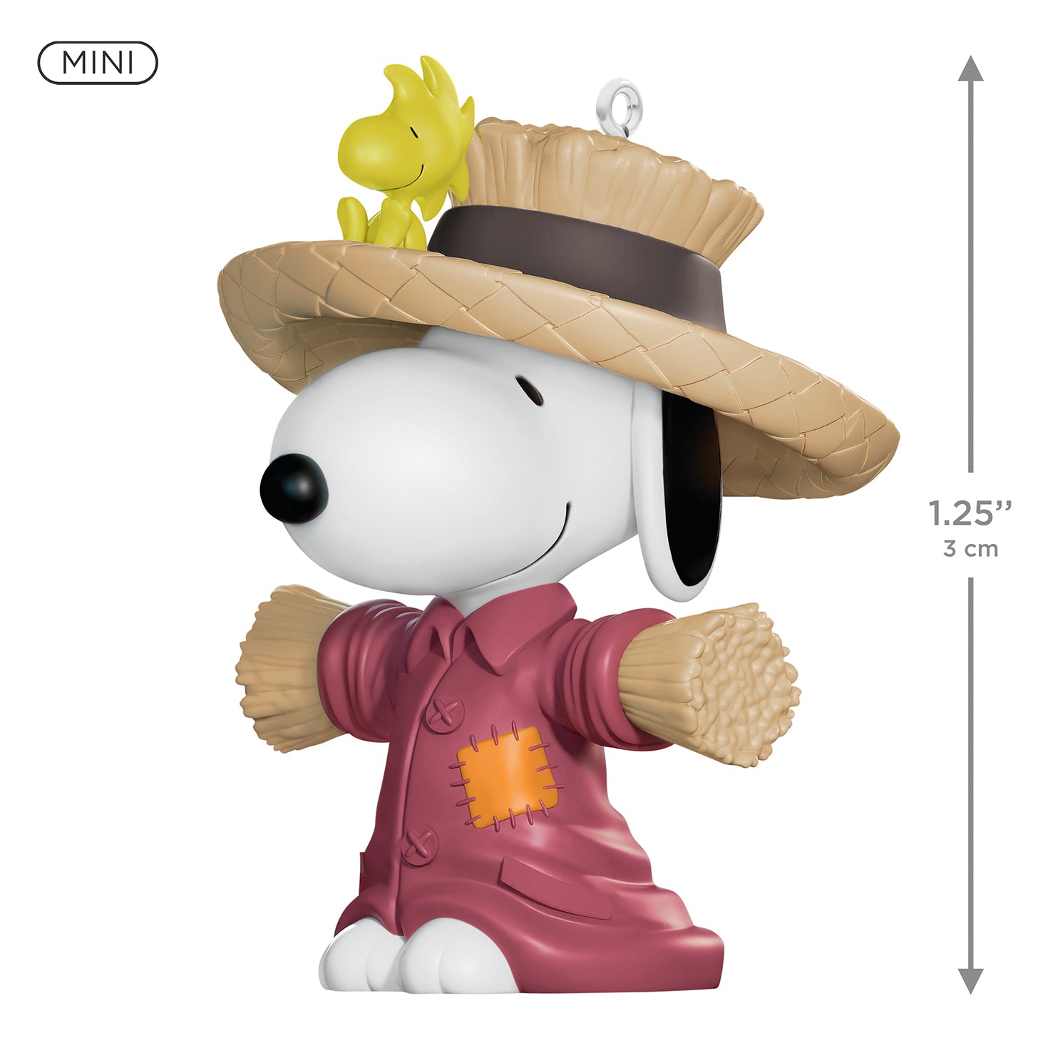 The Peanuts Gang Scarecrow Snoopy — 2026 Hallmark Keepsake 1.25" Mini Halloween Ornament with straw arms and hat.