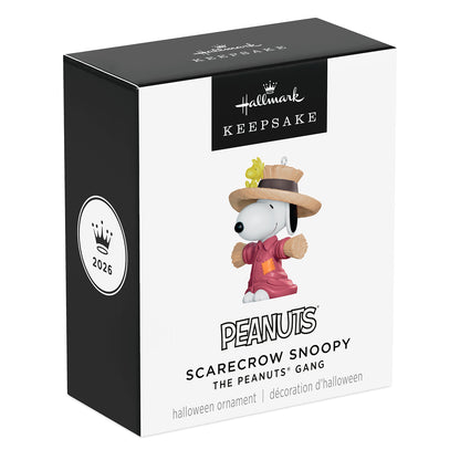 The Peanuts Gang Scarecrow Snoopy — 2026 Hallmark Keepsake 1.25" Mini Halloween Ornament in packaging, featuring Snoopy in a straw hat.
