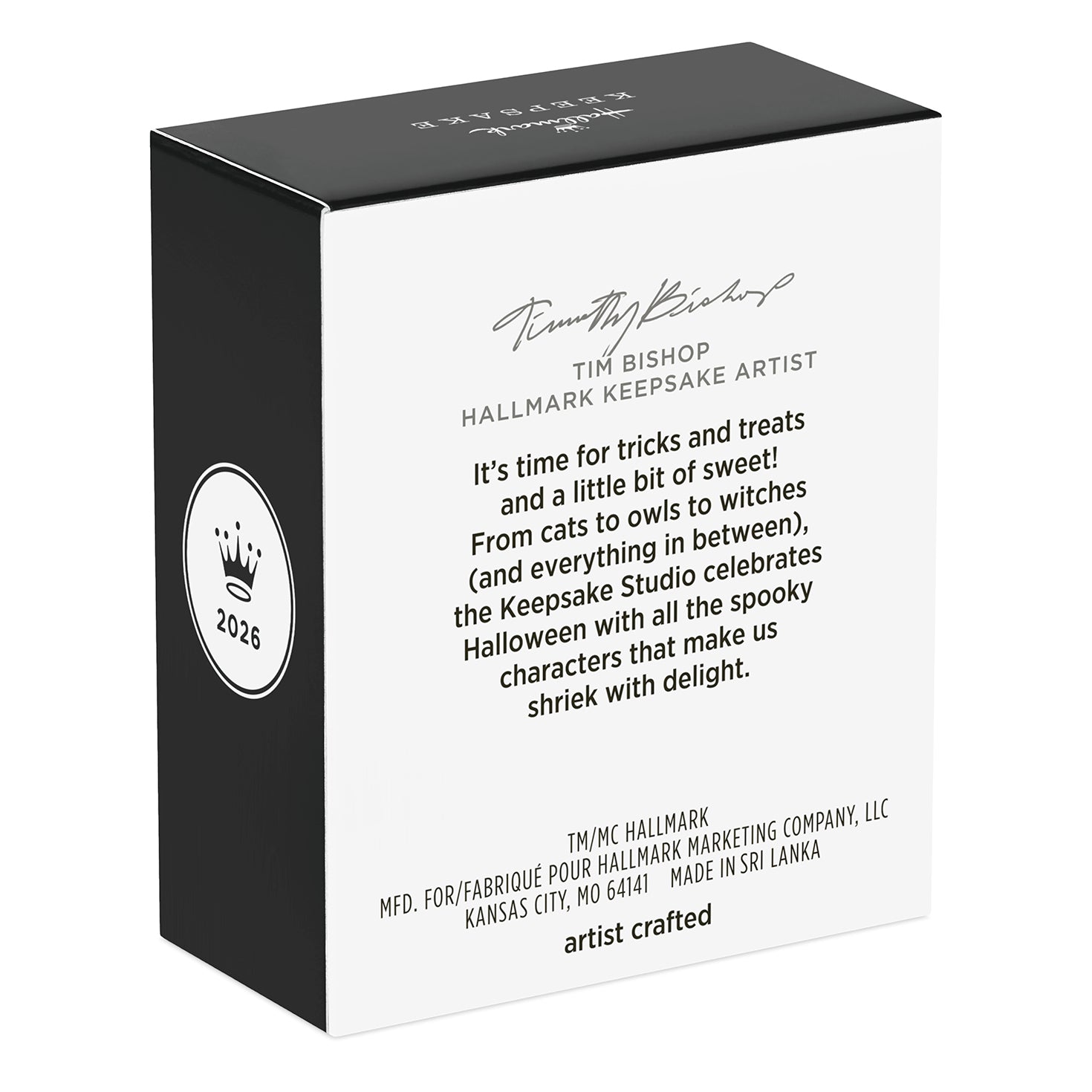 The Peanuts Gang Scarecrow Snoopy — 2026 Hallmark Keepsake 1.25" Mini Halloween Ornament box design featuring Tim Bishop's signature and description.