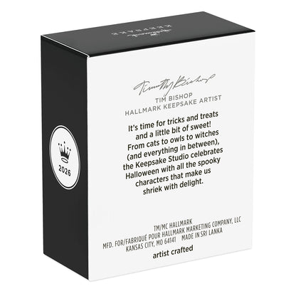 The Peanuts Gang Scarecrow Snoopy — 2026 Hallmark Keepsake 1.25" Mini Halloween Ornament box design featuring Tim Bishop's signature and description.