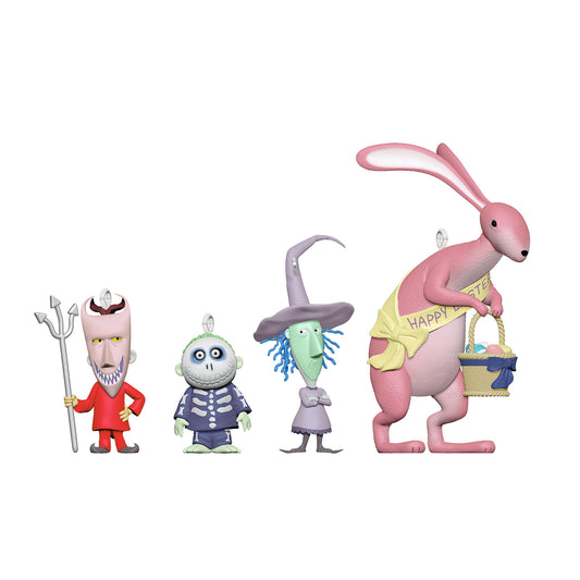 Hallmark Keepsake Halloween Ornaments (Disney Tim Burton's The Nightmare Before Christmas Citizens of Halloween Town Collection 2), Set of 4 featuring Lock, Shock, Barrel and the Easter Bunny in vibrant detail.