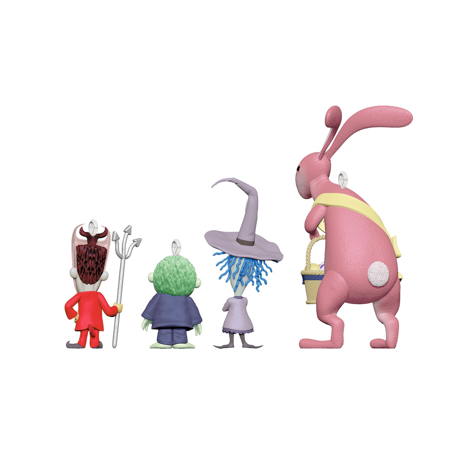 Hallmark Keepsake Halloween Ornaments (Disney Tim Burton's The Nightmare Before Christmas Citizens of Halloween Town Collection 2), Set of 4, featuring Lock, Shock, Barrel and the Easter Bunny in a rear view setup.