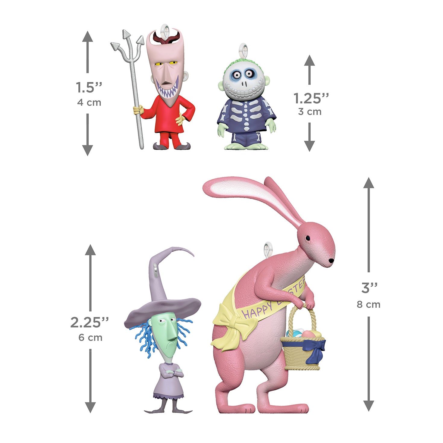 Hallmark Keepsake Halloween Ornaments (Disney Tim Burton's The Nightmare Before Christmas Citizens of Halloween Town Collection 2), Set of 4, featuring Lock, Shock, Barrel, and the Easter Bunny with detailed designs.