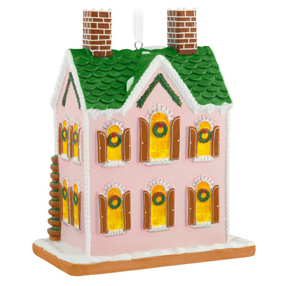 Gorgeous Gingerbread House, Porcelain — 2026 Hallmark Keepsake Christmas Ornament, pink two-story with festive wreaths and garland detail.