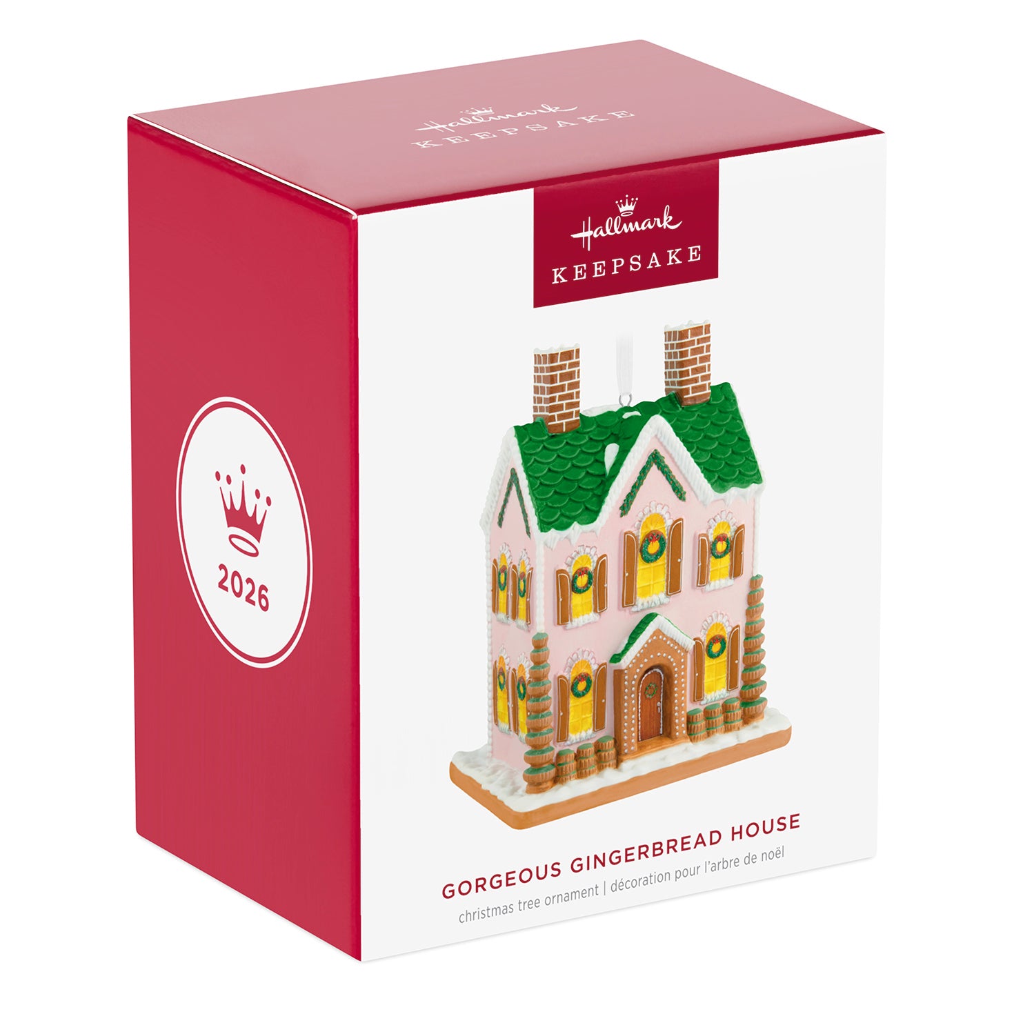 Gorgeous Gingerbread House, Porcelain — 2026 Hallmark Keepsake Christmas Ornament in gift packaging, featuring a colourful two-story design.