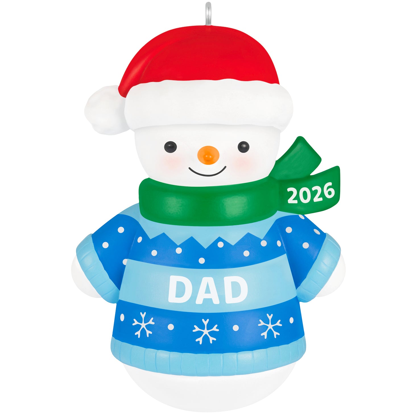 Dad Snowman 2026 — 2026 Hallmark Keepsake Christmas Ornament, smiling snowman in blue sweater and red hat, detailed design.