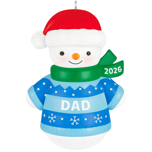 Dad Snowman 2026 — 2026 Hallmark Keepsake Christmas Ornament, smiling snowman in blue sweater and red hat, detailed design.