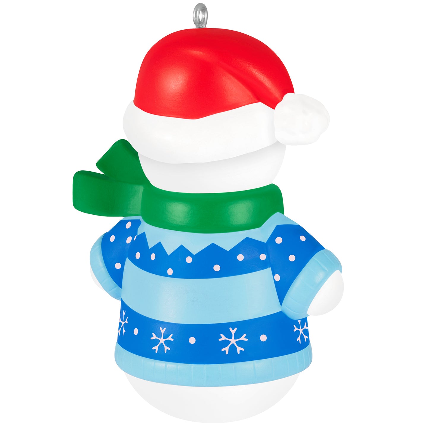 Dad Snowman 2026 — 2026 Hallmark Keepsake Christmas Ornament with red hat, green scarf, and blue sweater, angled view showing detailed design.