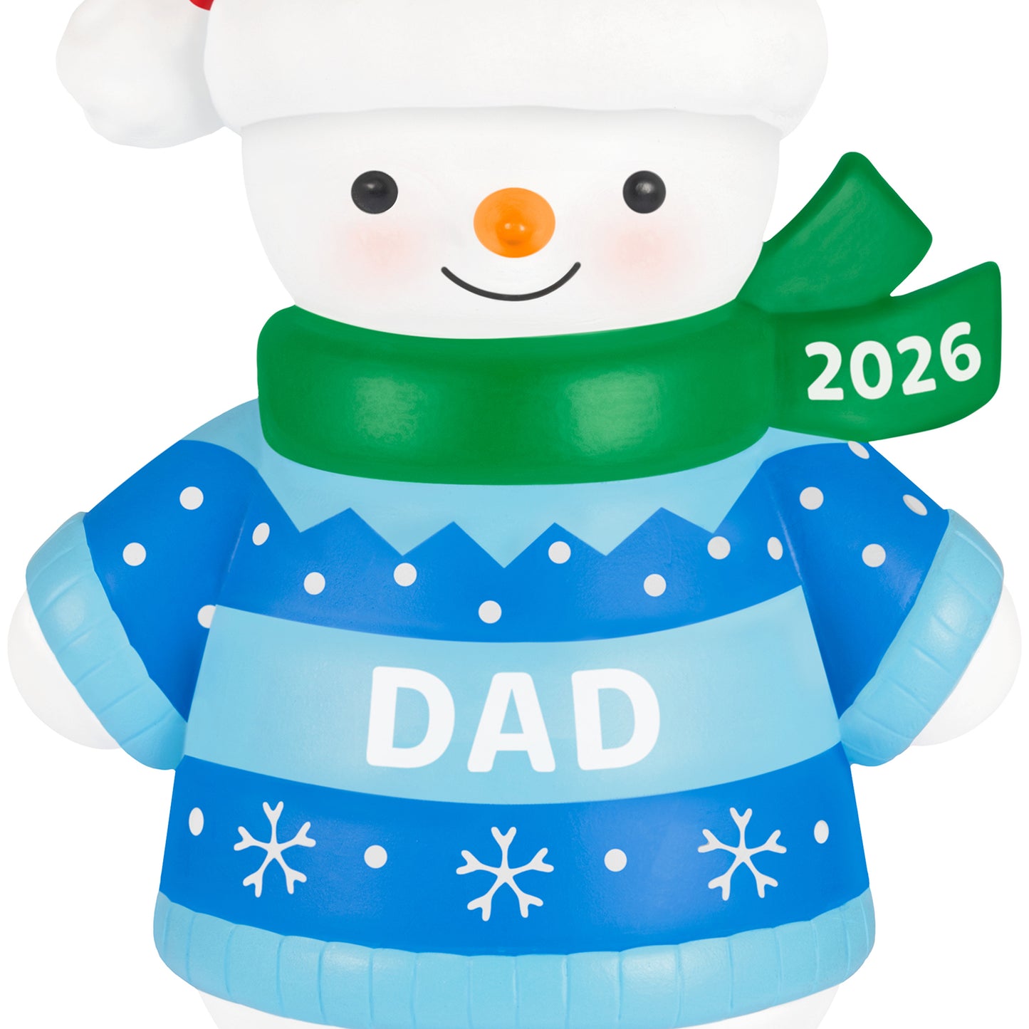 Dad Snowman 2026 — 2026 Hallmark Keepsake Christmas Ornament featuring a cheerful snowman in a blue sweater, green scarf and red hat.