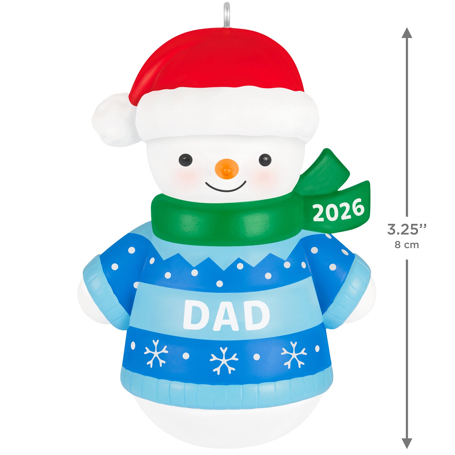 Dad Snowman 2026 — 2026 Hallmark Keepsake Christmas Ornament featuring a smiling snowman in a colourful sweater, 8 cm tall.