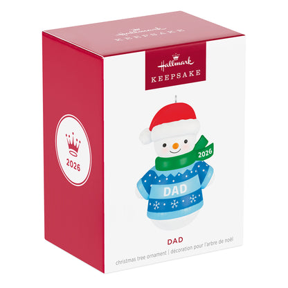Dad Snowman 2026 — 2026 Hallmark Keepsake Christmas Ornament in festive packaging, featuring a smiling snowman with a blue sweater and red hat.
