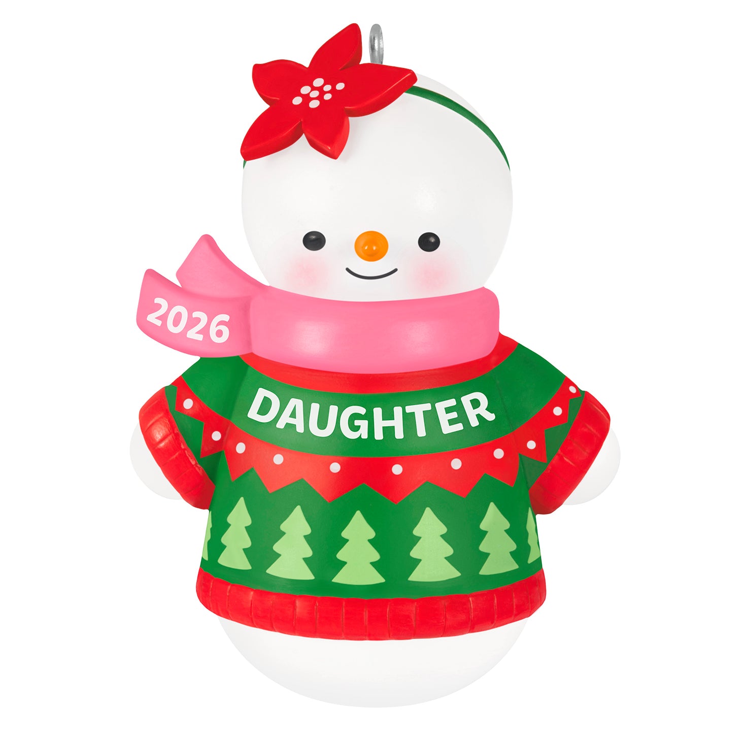 Daughter Snowman 2026 — 2026 Hallmark Keepsake Christmas Ornament in festive red and green with pink scarf and flower detail.