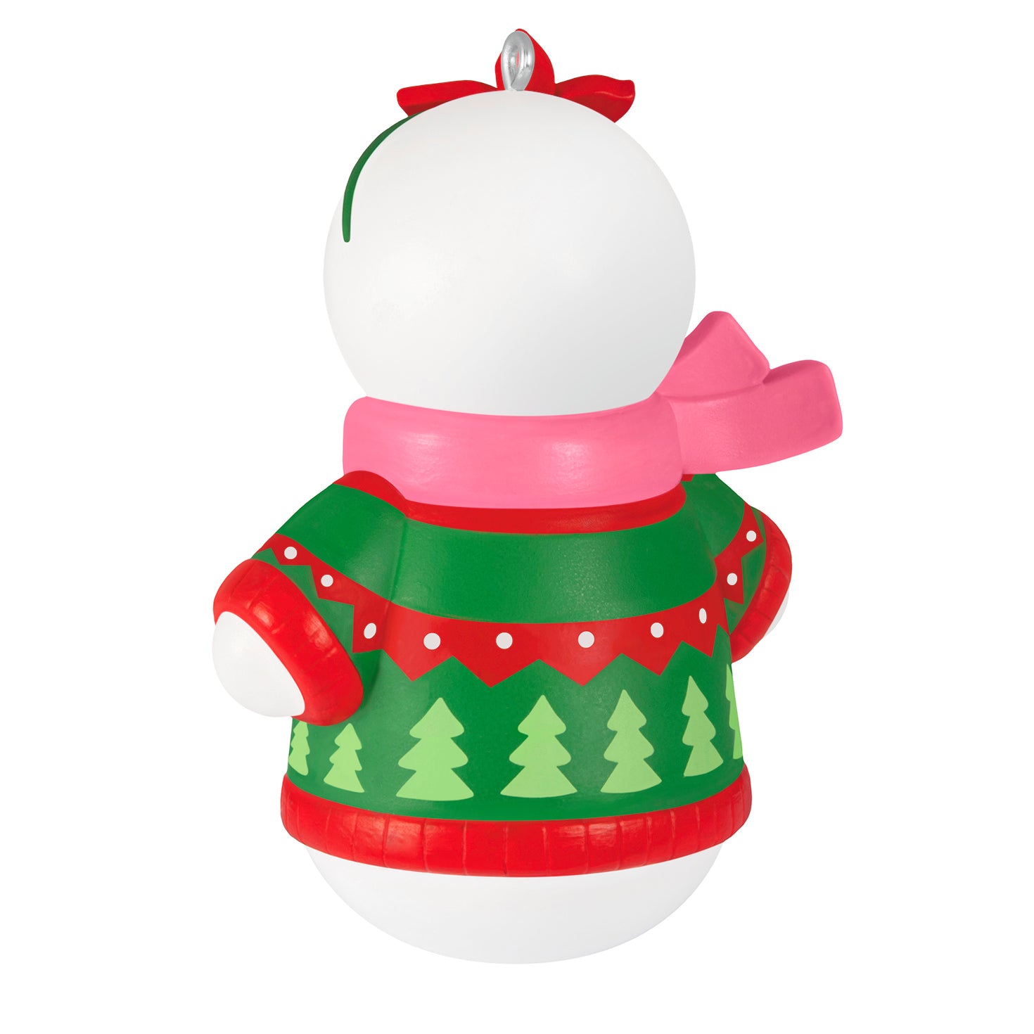 Daughter Snowman 2026 — 2026 Hallmark Keepsake Christmas Ornament in a red and green sweater with a pink scarf, back view.