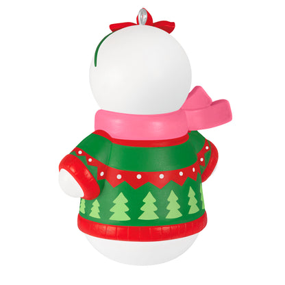 Daughter Snowman 2026 — 2026 Hallmark Keepsake Christmas Ornament in a red and green sweater with a pink scarf, back view.