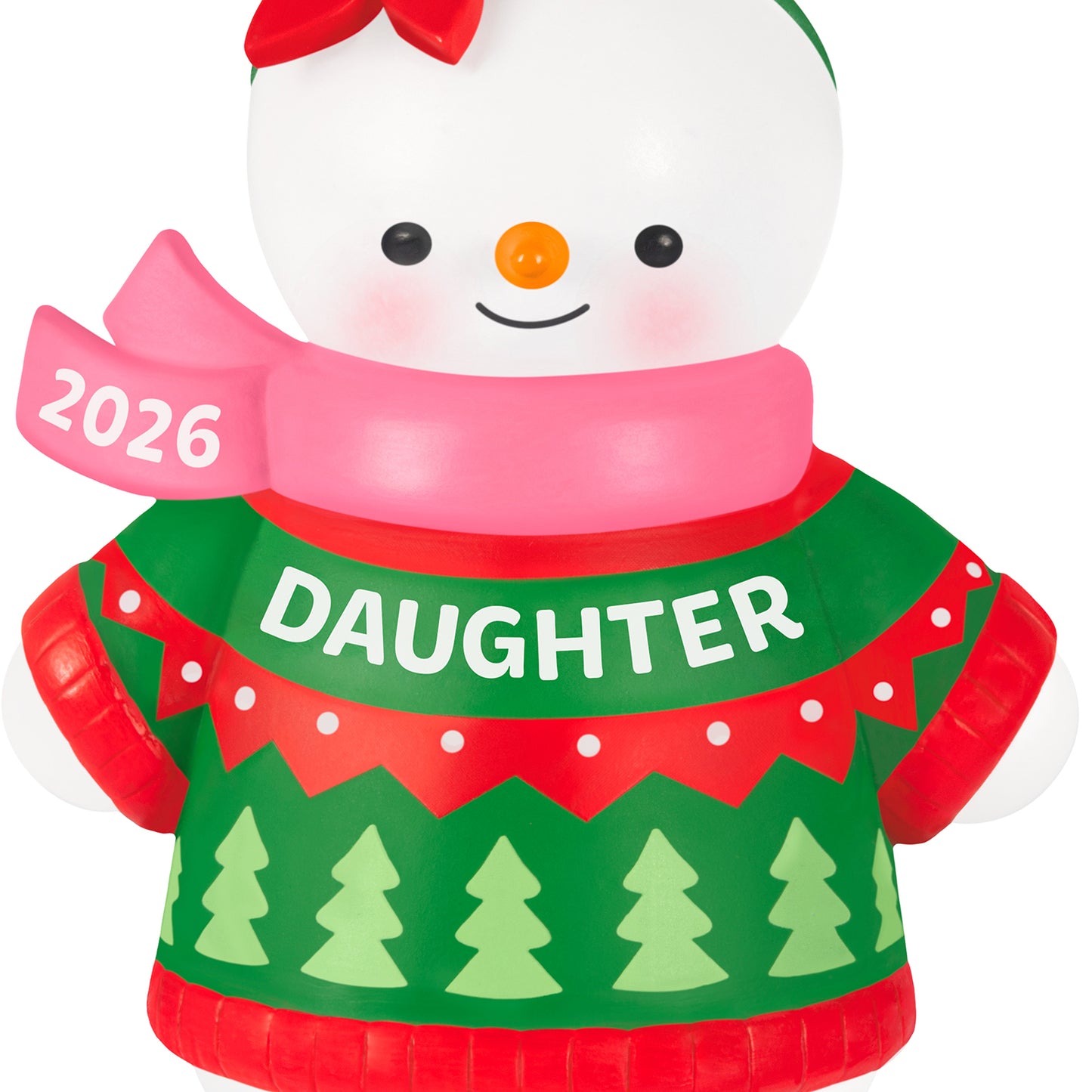 Daughter Snowman 2026 — 2026 Hallmark Keepsake Christmas Ornament featuring a smiling snow-girl in a red and green sweater with a pink scarf.