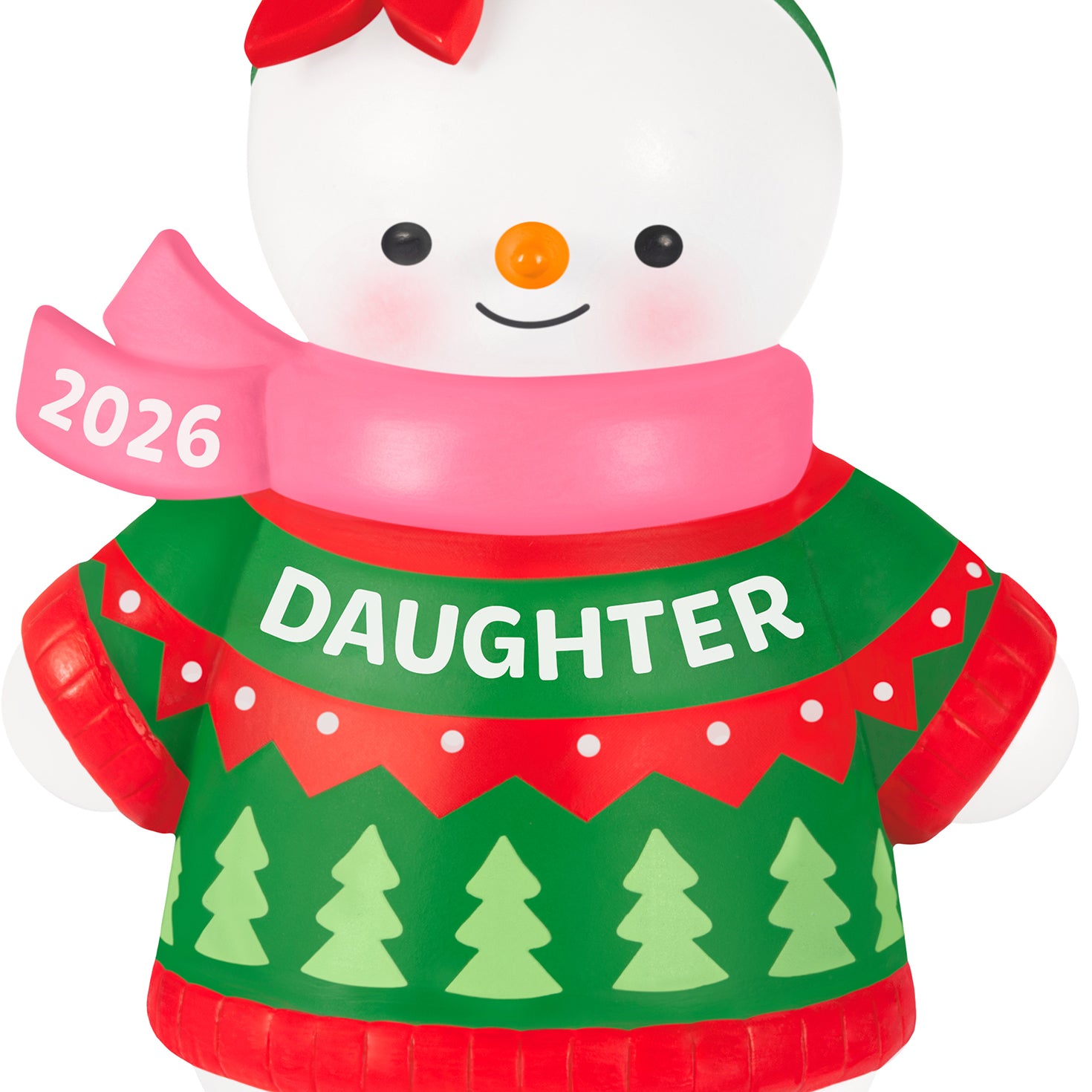 Daughter Snowman 2026 — 2026 Hallmark Keepsake Christmas Ornament featuring a smiling snow-girl in a red and green sweater with a pink scarf.