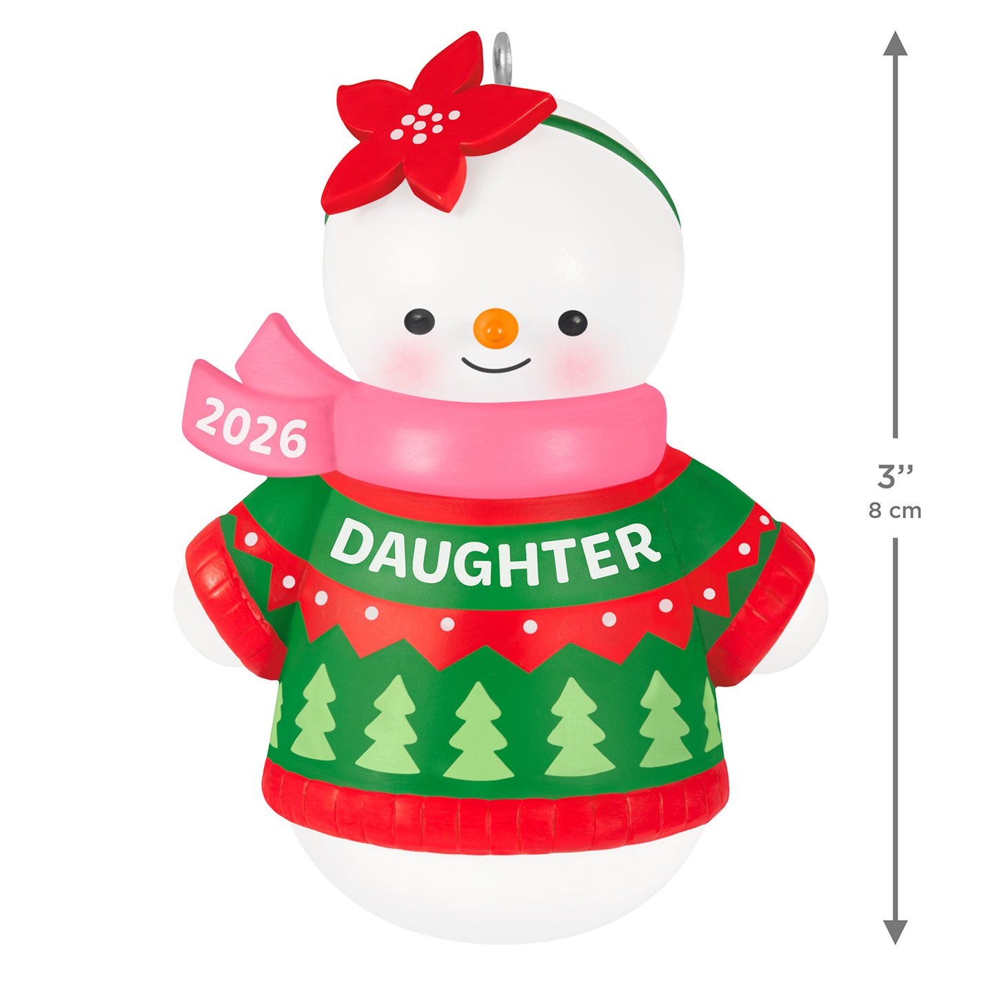 Daughter Snowman 2026 — 2026 Hallmark Keepsake Christmas Ornament, 3-inch snowgirl in a red and green sweater with a pink scarf.
