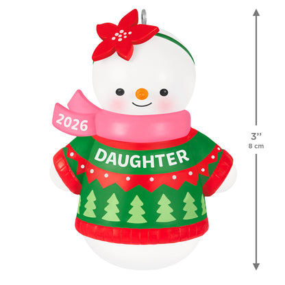 Daughter Snowman 2026 — 2026 Hallmark Keepsake Christmas Ornament, 3-inch snowgirl in a red and green sweater with a pink scarf.