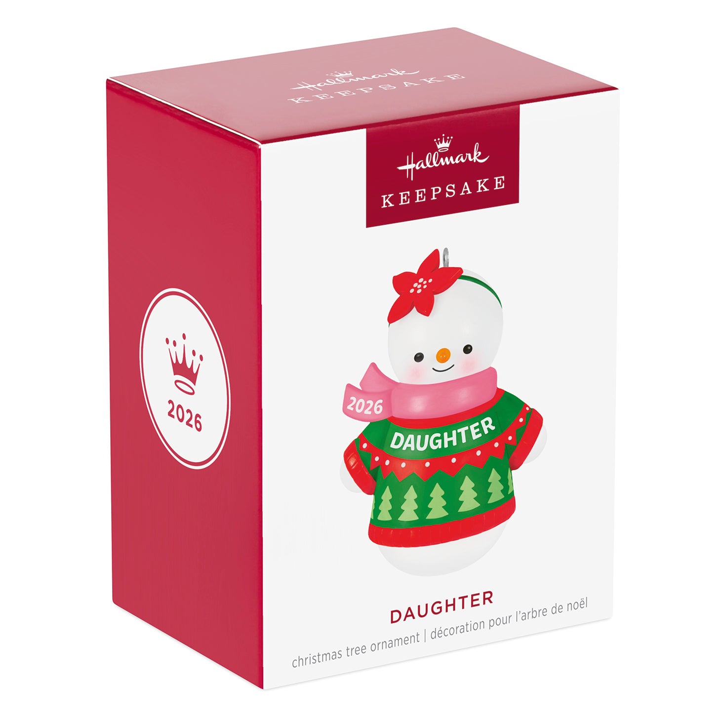 Daughter Snowman 2026 — 2026 Hallmark Keepsake Christmas Ornament in festive packaging featuring a red and green design.