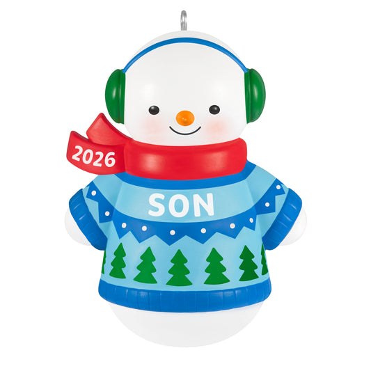 Son Snowman 2026 — 2026 Hallmark Keepsake Christmas Ornament featuring a smiling snowman in a blue and green sweater with earmuffs.