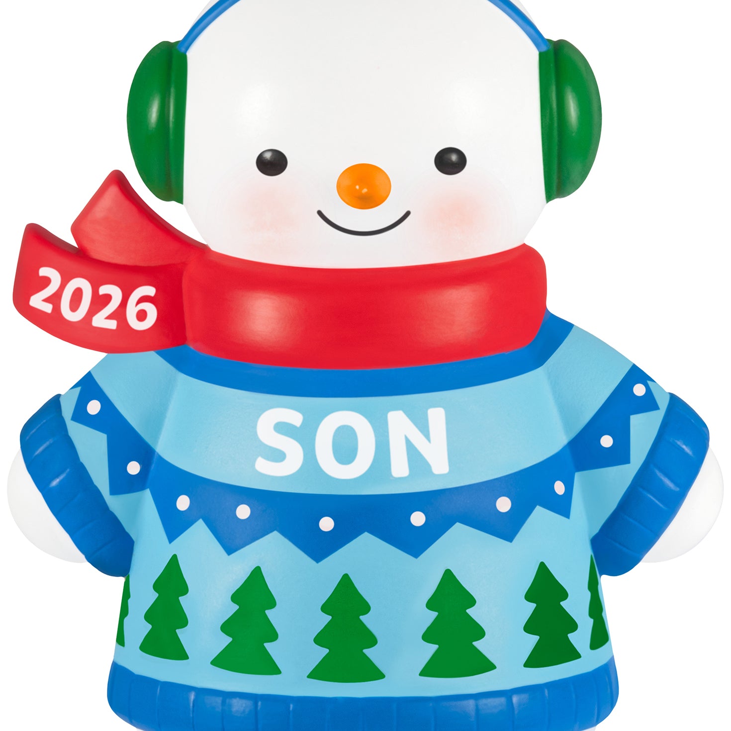 Son Snowman 2026 — 2026 Hallmark Keepsake Christmas Ornament, charming snowman in blue sweater with earmuffs, close up view.