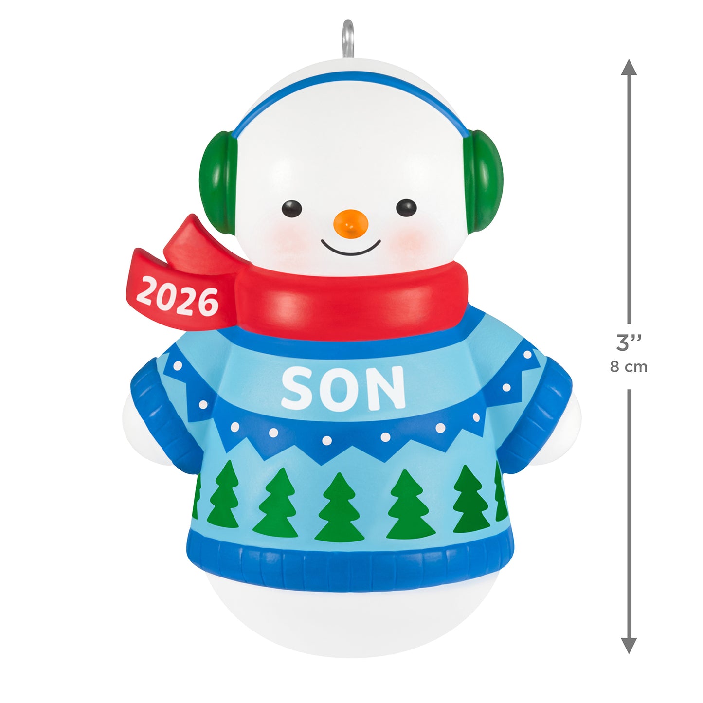 Son Snowman 2026 — 2026 Hallmark Keepsake Christmas Ornament, smiling snow-boy in a blue sweater with earmuffs, 8 cm tall.