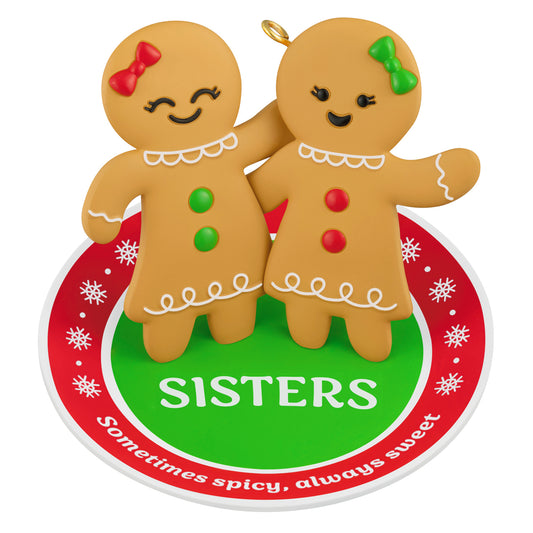 Sweet and Spicy Sisters — 2026 Hallmark Keepsake Christmas Ornament with two cute gingerbread girls and festive rug detail.