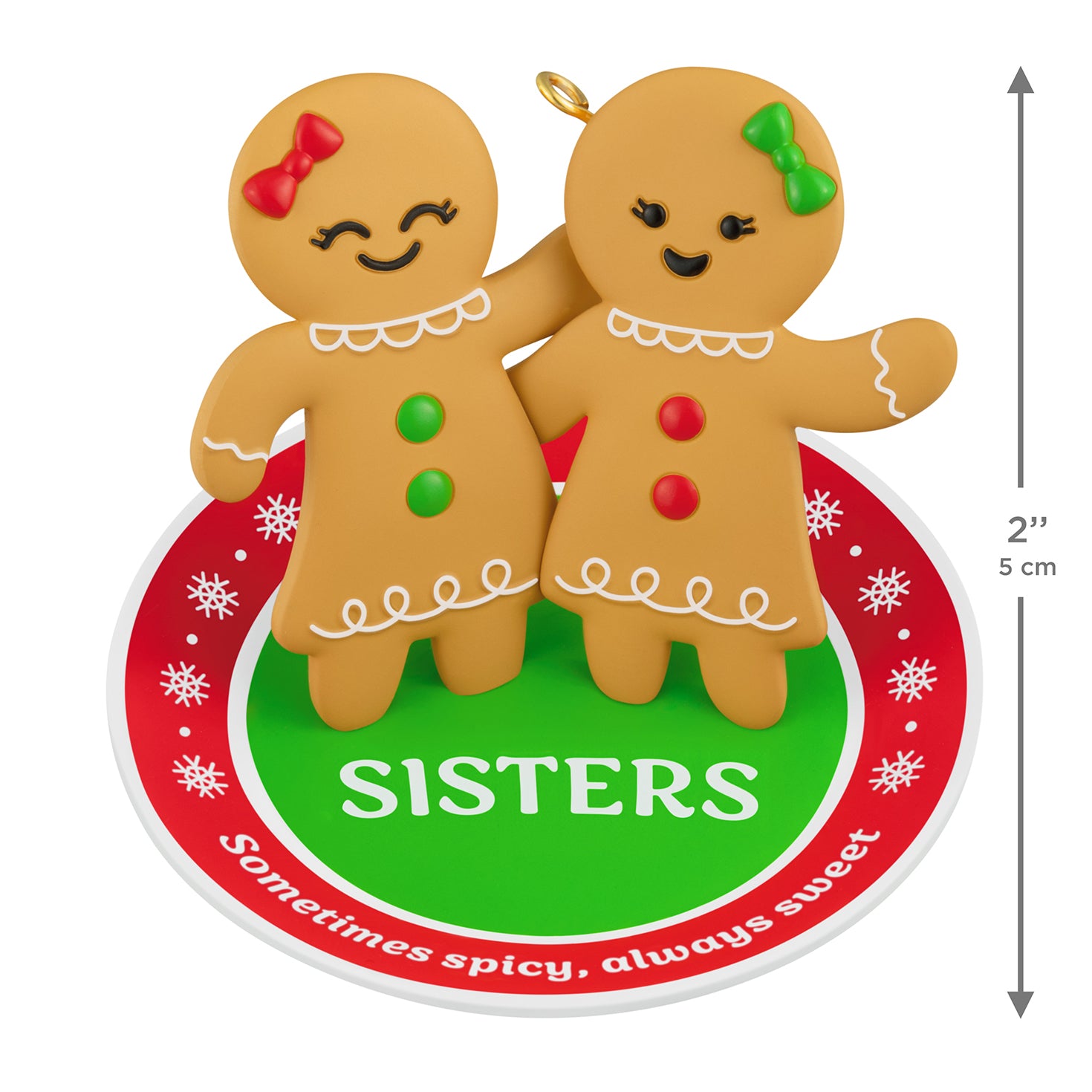 Sweet and Spicy Sisters — 2026 Hallmark Keepsake Christmas Ornament featuring gingerbread girls with bows on a festive rug, 5 cm.