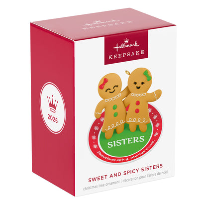 Sweet and Spicy Sisters — 2026 Hallmark Keepsake Christmas Ornament packaging box design featuring two gingerbread girls.