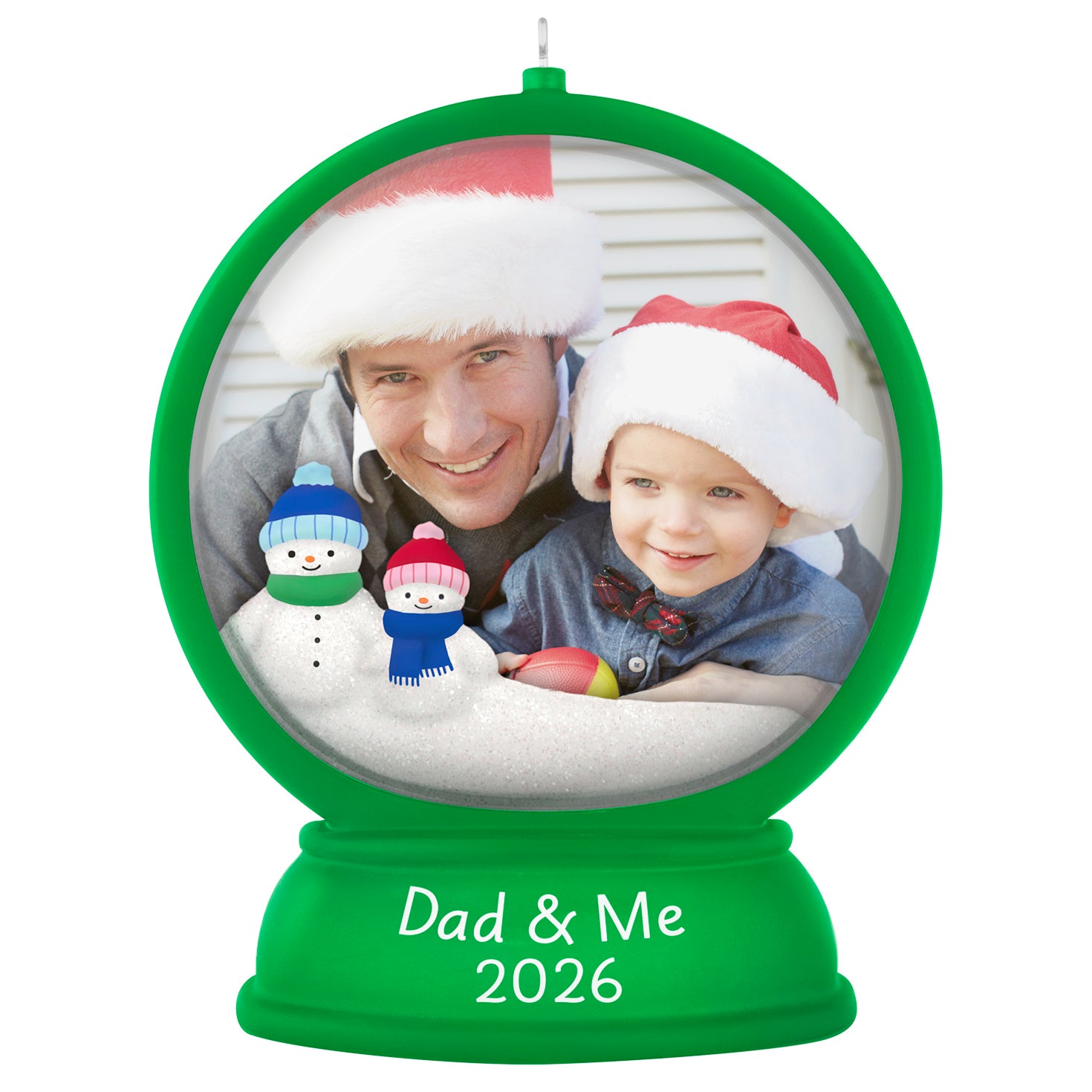 Dad and Me Snow Globe 2026 Photo Frame with green base, featuring snow people, joyful dad and child in Santa hats.