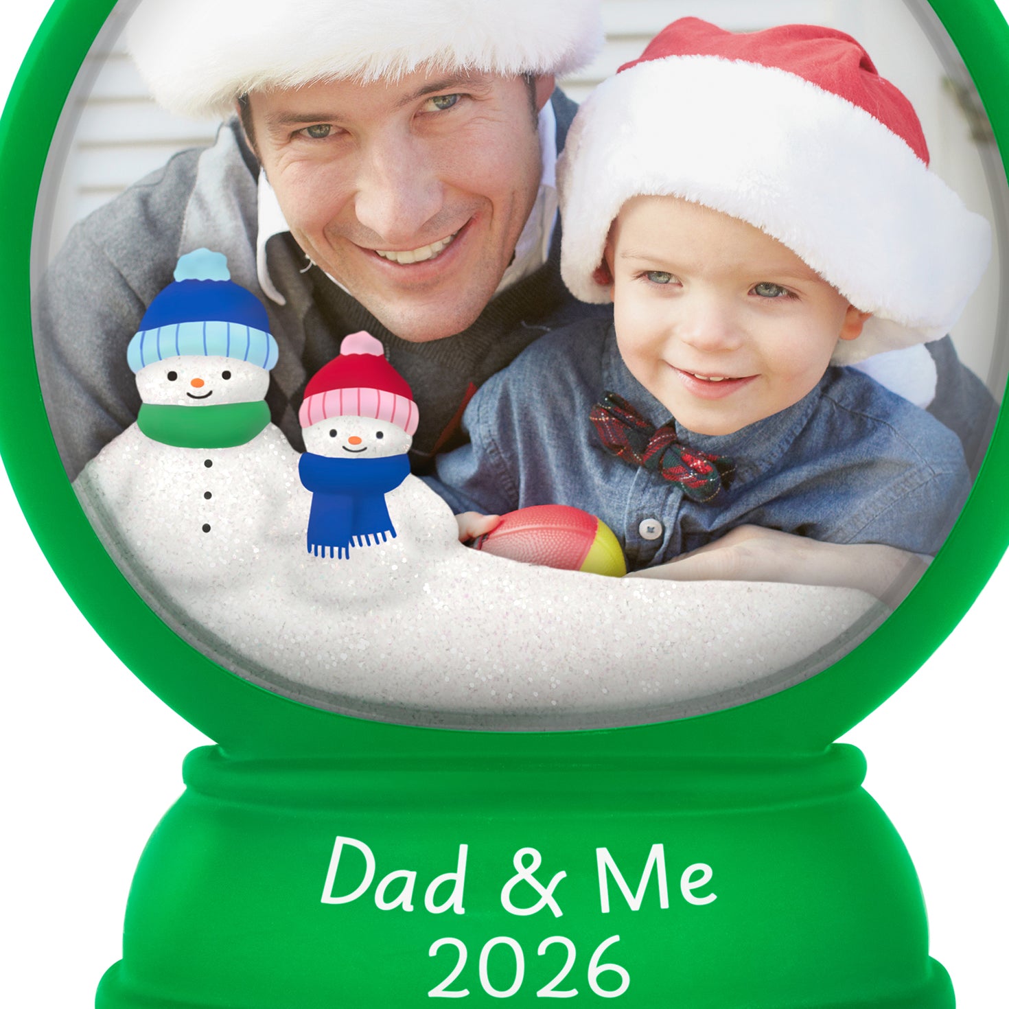 Dad and Me Snow Globe 2026 Photo Frame — 2026 Hallmark Keepsake Christmas Ornament, green snow globe featuring snow people and cherished photo space.