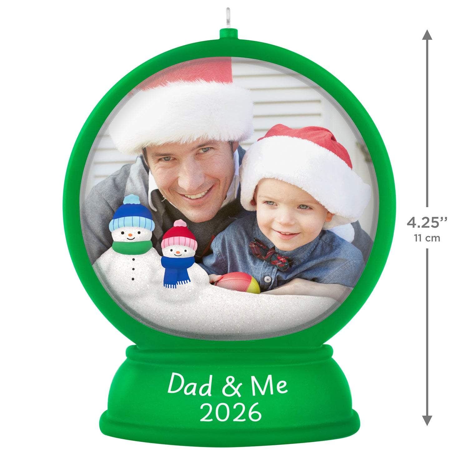 Dad and Me Snow Globe 2026 Photo Frame — 2026 Hallmark Keepsake Christmas Ornament in green with snow people and photo space, 11 cm tall